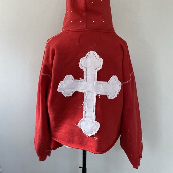 Y2K Life Of Sin Distressed Embroidered Bling Cross Hoodie - Picture 4 of 16
